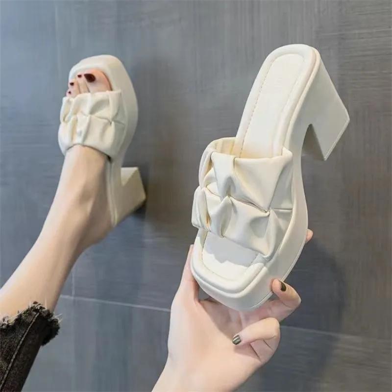 Fashion Summer High-heeled Casual Women Fish Mouth Shoes Ladies Shoes On Sale Fashion New Square Toe Anti-wrinkle Women's Slippers
