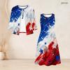 Women Plus Size Two Piece Outfit Three Quarter Sleeve Cardigan Sleeveless Star Stripe Printed White Long Dress