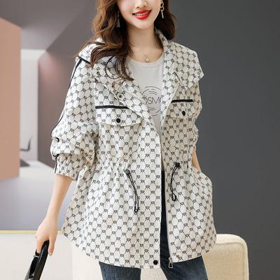 Print Drawstring Waist Hooded Trench Coats Mid Length Big Size Loose Vintage Korea Women Fashion Windbreaker