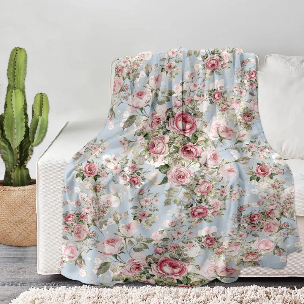 Pink Rose Flowers Printed Blanket for Sofa Bed Travel Camping Living Room Office Conditioning Blanket for All Seasons Gifts
