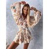 Women's Floral Two Piece Set V Neck Bell Sleeve Top Shorts Vacation Outfit