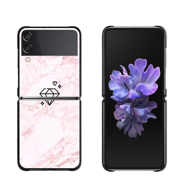 Pink Marble Flower Phone Case For Samsung Galaxy Z Flip3 5g Back Pc Case For Samsung Z Flip Capa Black Shell Hard Fundas