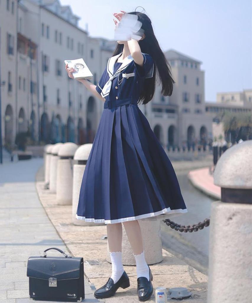 GSYCL Sailor Short Navy Blue and High School Girl Halloween JK Long Perfect for Cultural and Cute Mori Girl Style Dress, Sleeves, White, 3-Piece Set,