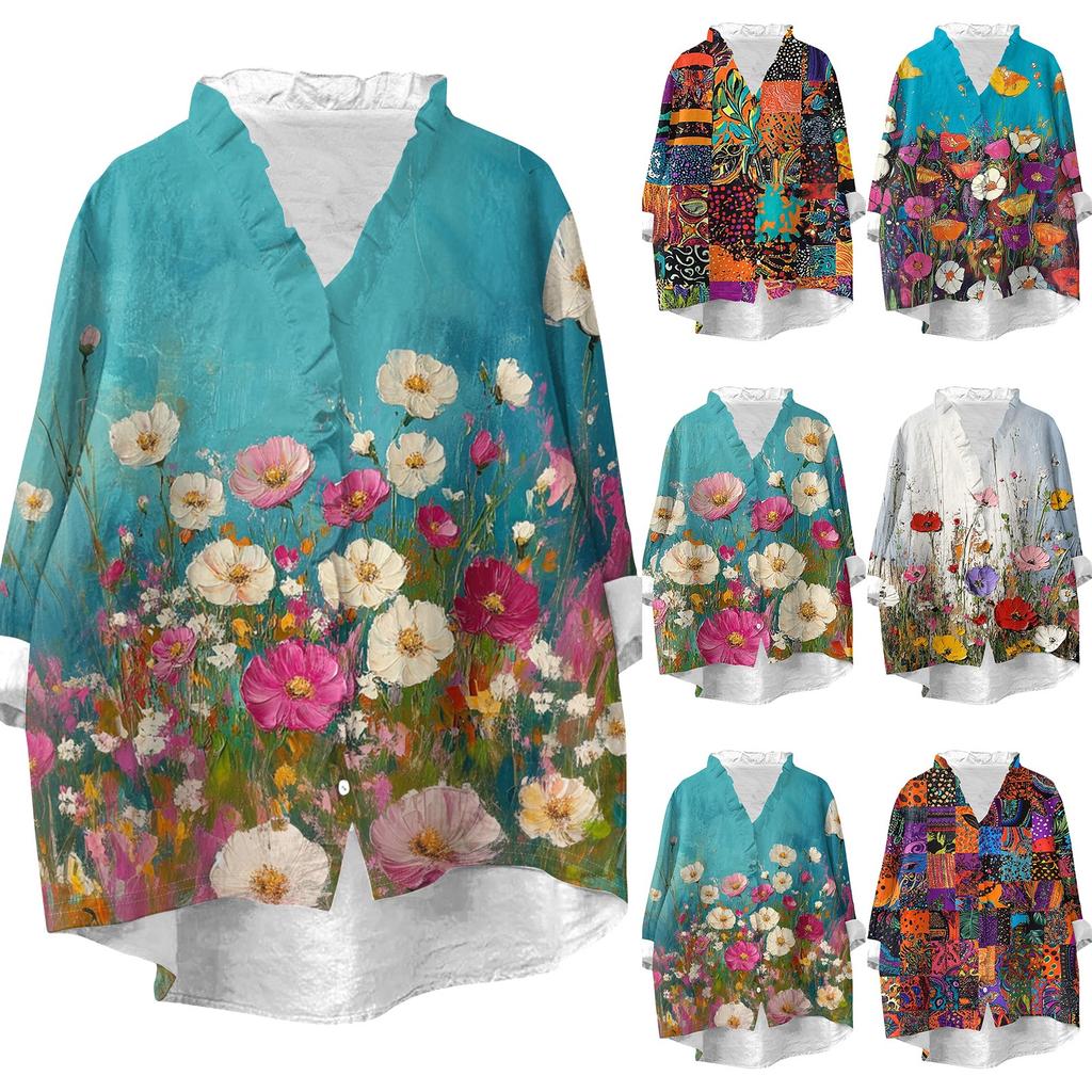 Women's Loose Ruffled Retro Floral Print Stand Collar Long Sleeve Cotton And Linen Top