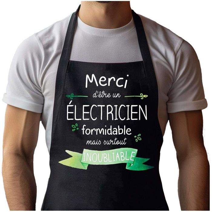 Tablier de cuisine - Merci Électricien - Noir - Coton résistant - Impression bretonne