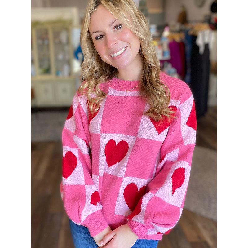 American Shiying Fall and Winter New Arrival Heart Plaid round Neck Sweater Women's 2025 Colorblock All-Matching Knitting Pullover