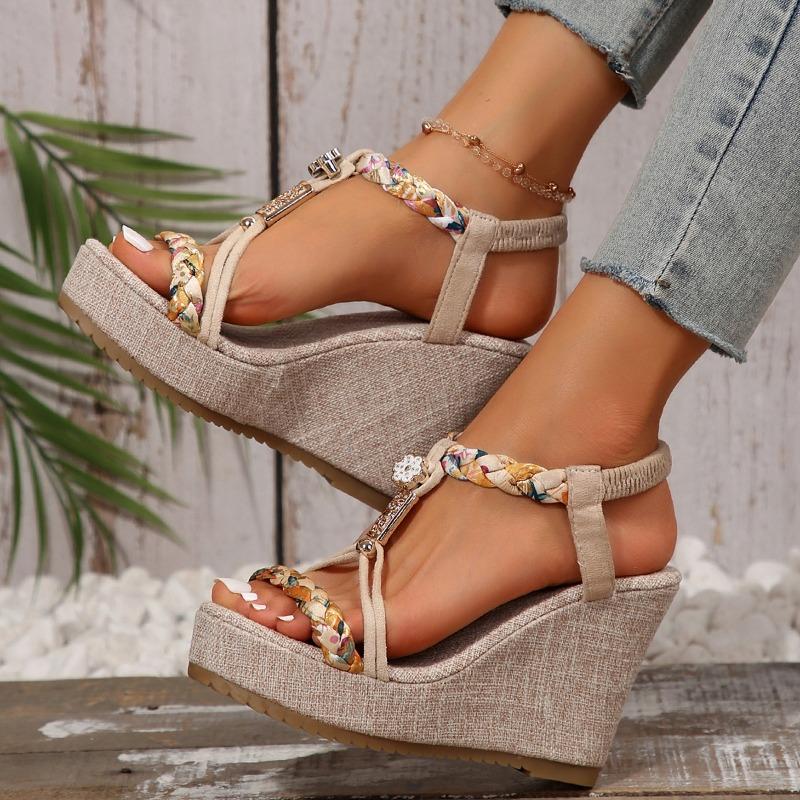 Women's Summer New Arrival Wedge Heel Chunky Sole Rhinestone Sandals - Plus Sizes