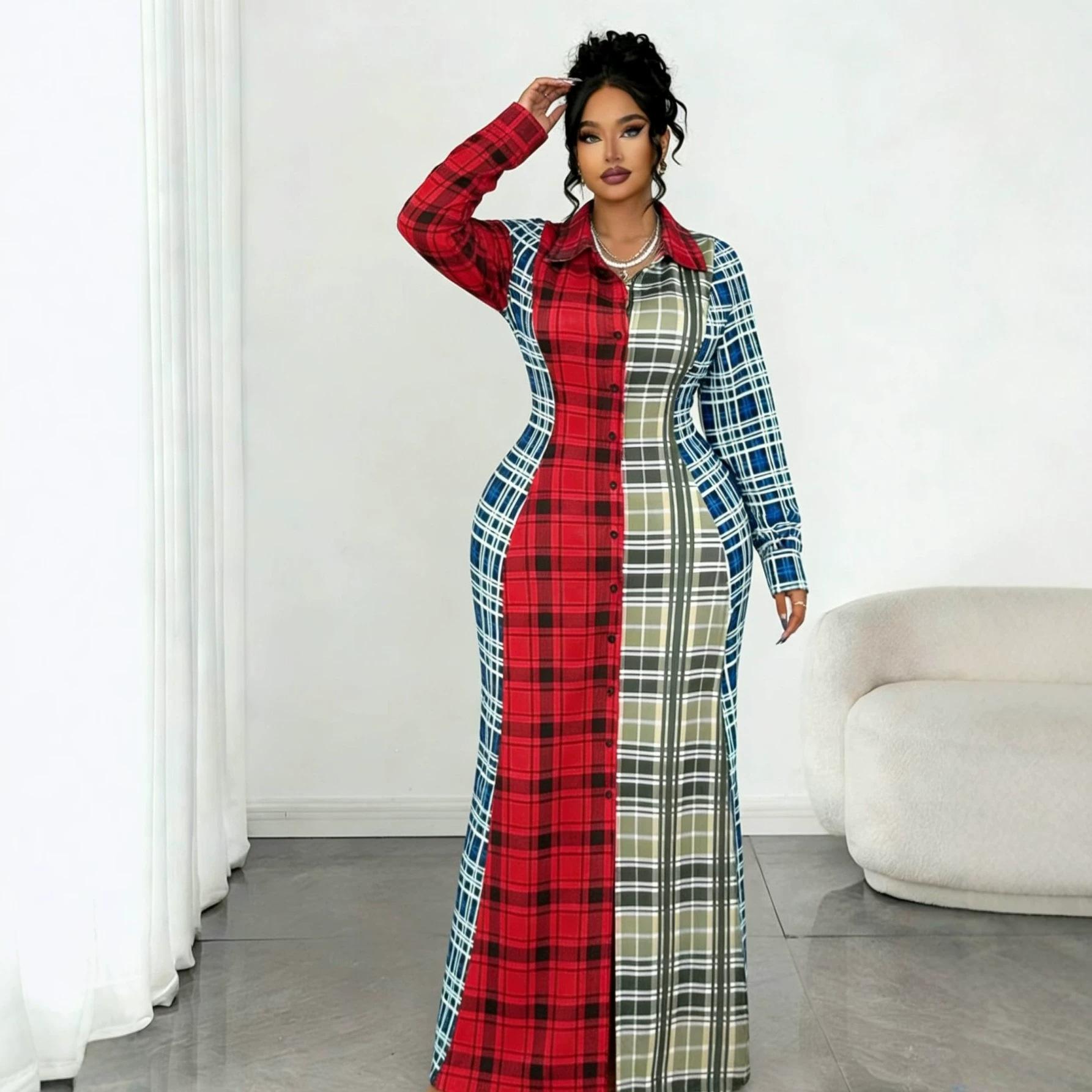 

Retro plaid color matching waist long dress, temperament commuting thin hourglass waist long shirt dress D 0XL