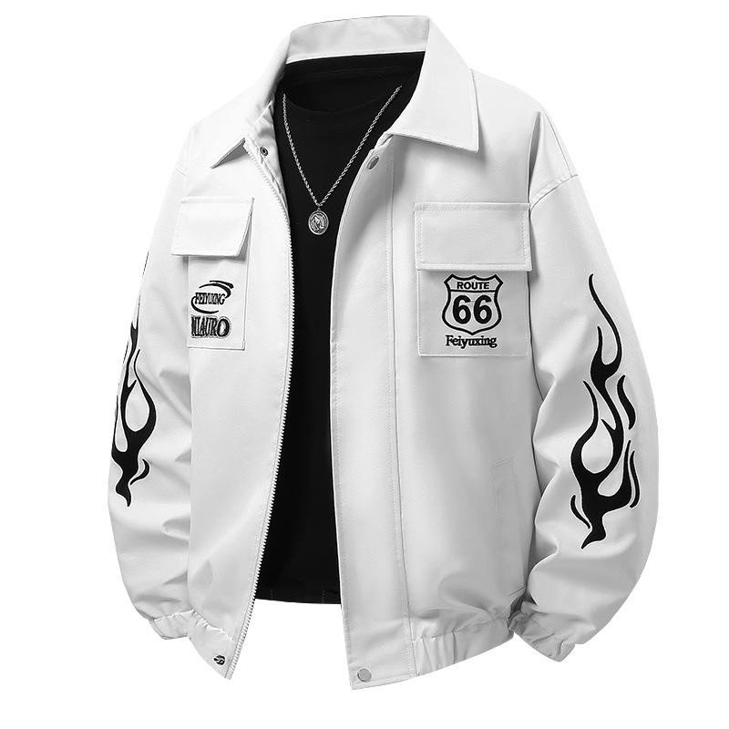 Motorcycle Service Mens Loose Fit High-end PU Leather Outerwear Fashion Casual Slim Fit Turn-down Collar Jacket