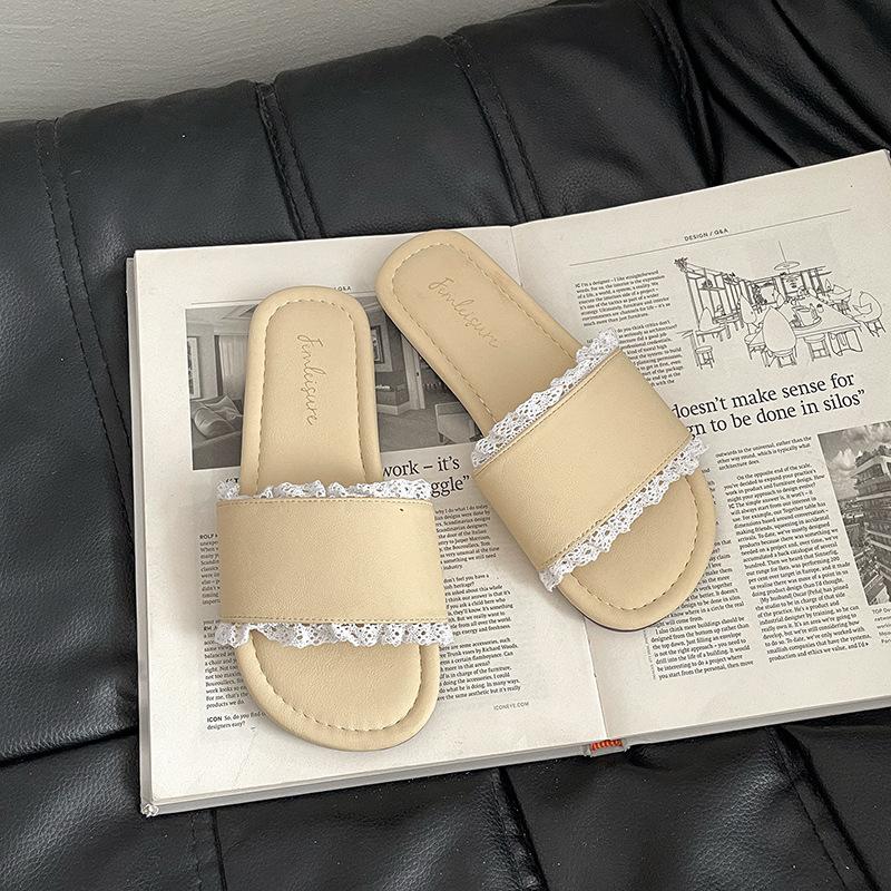 French Beautiful Lace Edge Slippers Women's 2025 Summer New Wear Beach Sandals Non-slip Home Slippers