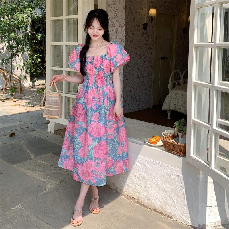 Large size women's clothing slim dress women's summer bubble sleeves pear shape slightly fat body wear long dress fat mm skirt
