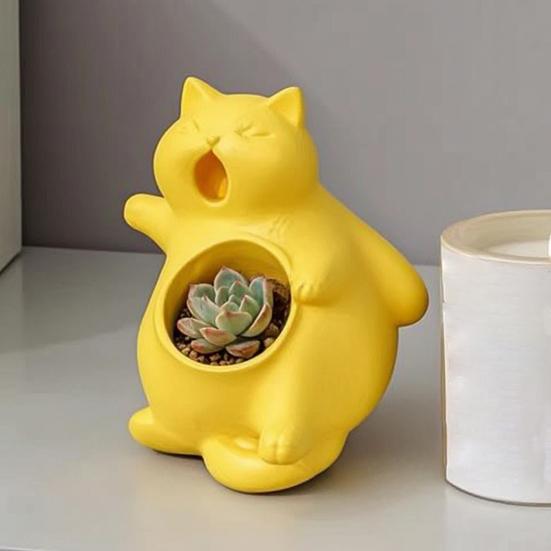 Flowerpot Yawning Cat Shape Integrated Molding Plant Pot Indoor Gardening Plant Holder Home Office Garden Healing Decor
