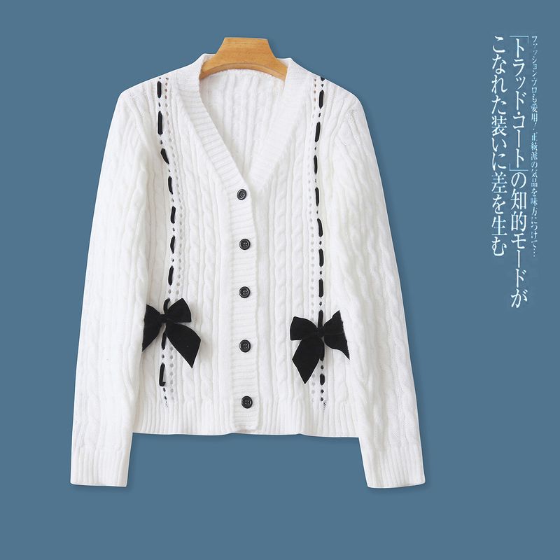

Sweet Cardigan sweater Autumn New Foreign Trade Women clothes Fashion V-neck Single-Breasted Long sleeve Contrast Color Bow Sweater 32352 White B-12-24-1 M