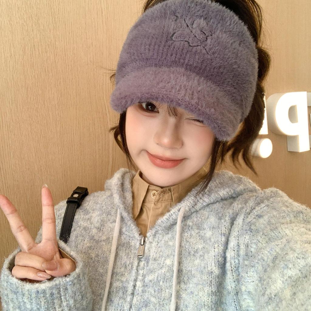 Women's Autumn and Winter Korean Version of Versatile Knitted Rabbit Warm Ear Protection Duck Tongue Baseball Cap Wool Cap Plus Velvet Thickened