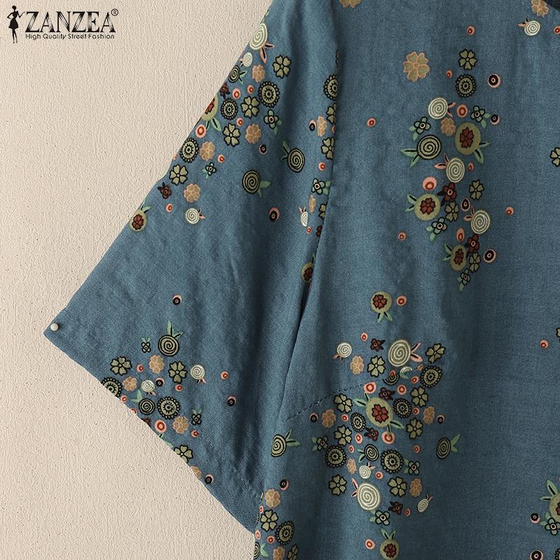 ZANZEA Women Casual Round Neck Half Sleeve Loose Floral Print Blouse