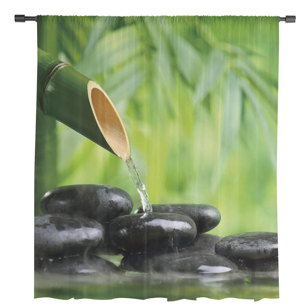 Bamboo Forest Water Stone Zen Tulle Window Treatment Sheer Curtains for Kitchen Living Room the Bedroom Curtains Decoration