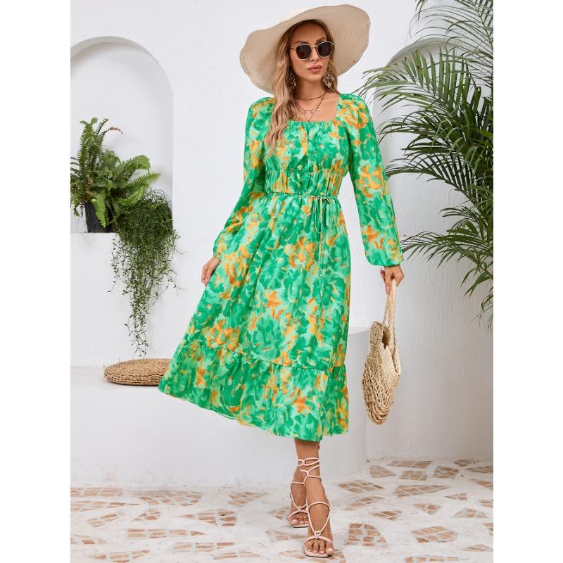Spring and Autumn Women's Long Sleeve Printed Dress Slim Temperament Mid-Length Dresses