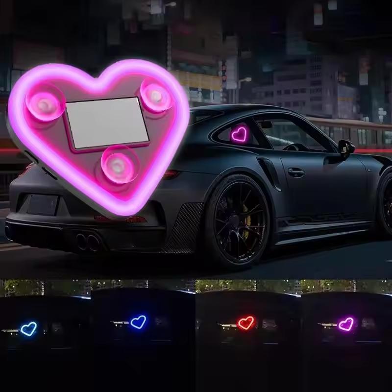Car Triangle Window LED Solar Powered Heart-shaped Neon Light Rear Window Illuminated Interior Decoration Atmosphere Light