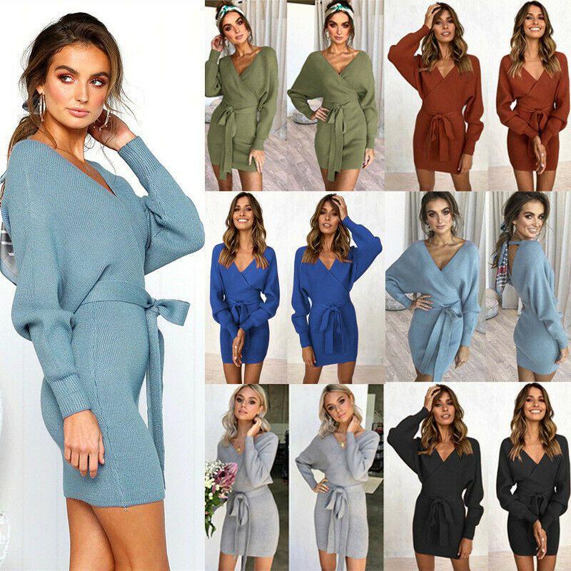Elegant Women's V-neck Bodycon Jumper Dress With Long Sleeves And Tie Belt