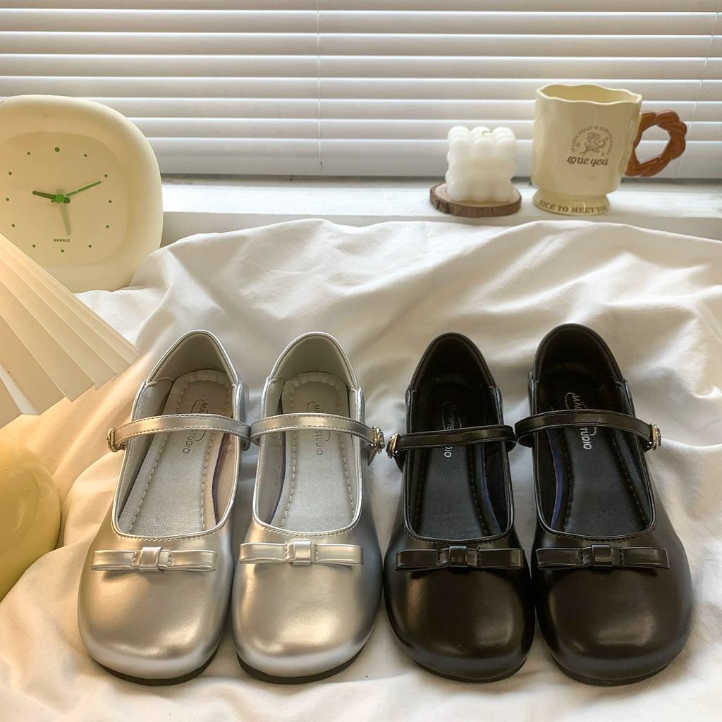 French Bow Flat Bottom Low Heel Small Leather Shoes Summer Retro Light Mouth Skirt Mary Jane Single Shoes Women