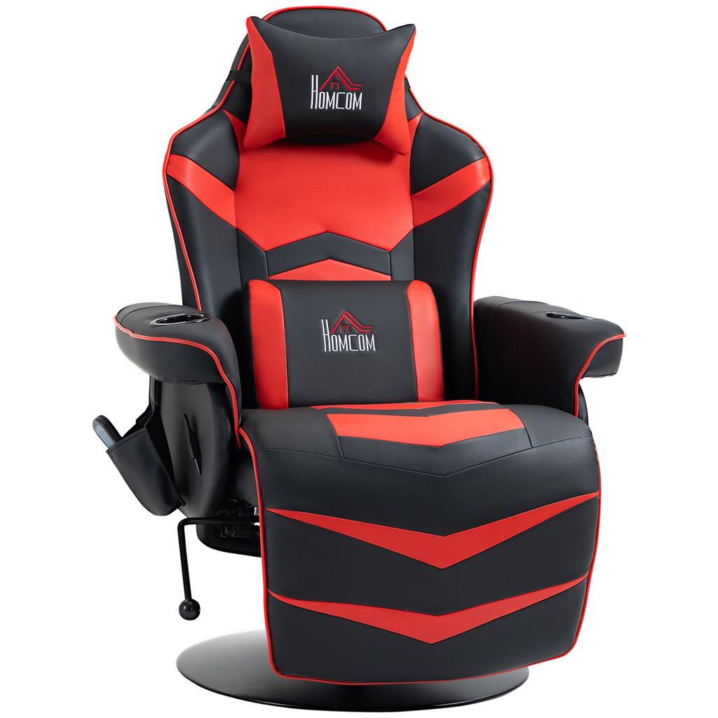 Sedia da Gaming, Funzione Massaggio, Schienale Reclinabile, Poggiapiedi, fino a 120 kg, Telaio in Acciaio, Ecopelle, Rosso