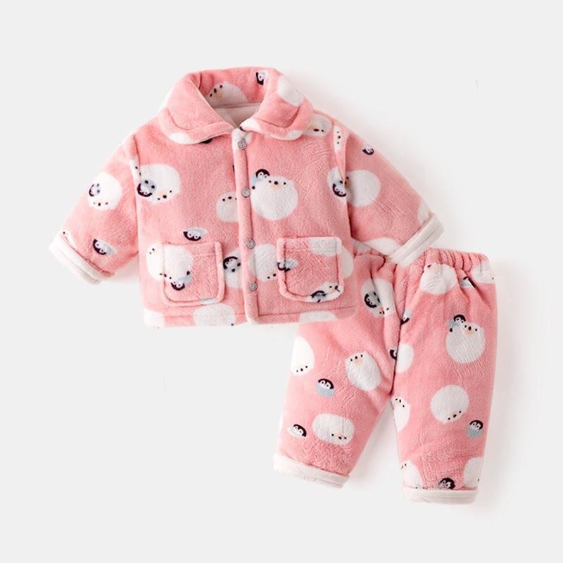 

Cozy Winter Baby Pajama Set For Toddlers Soft Coral Fleece Thick Warm Outfit Pink Penguin,120cm/47.24in