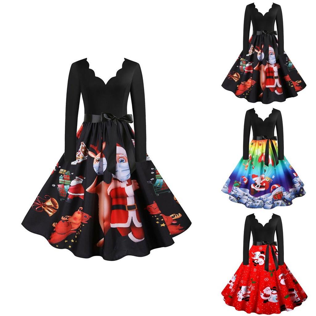 Elegant Santa Claus Print V Neck Christmas Dress For Women In Festive Red And Black