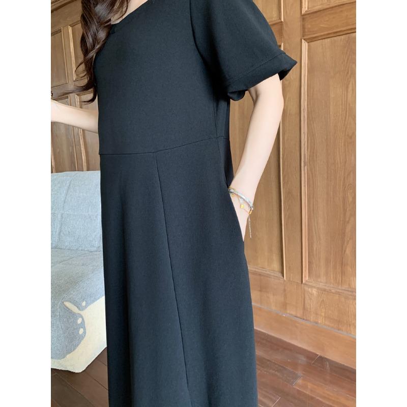 Dimanaf Women 2025 Plus Size Solid Dress Summer Vintage Dress Basic Long Casual Loose Black Dress Maxi