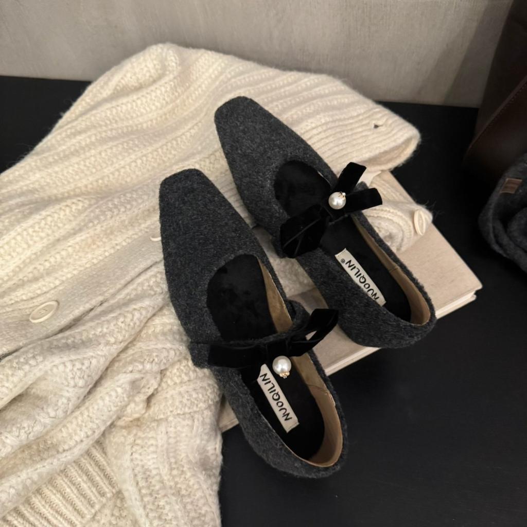 Französisch Premium Grau Klein Duftender Wind Spitze Samt Einzelne Schuhe Damen Abendwind Dicke Ferse Fee Baumwollschuhe Temperament Mary Jane Schuhe