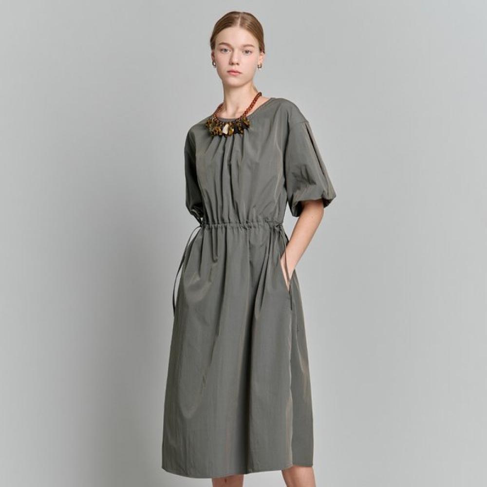 Maxza Shirring Round Neck Balloon Sleeve Long Dress Ze08qp700na dark gray/FREE