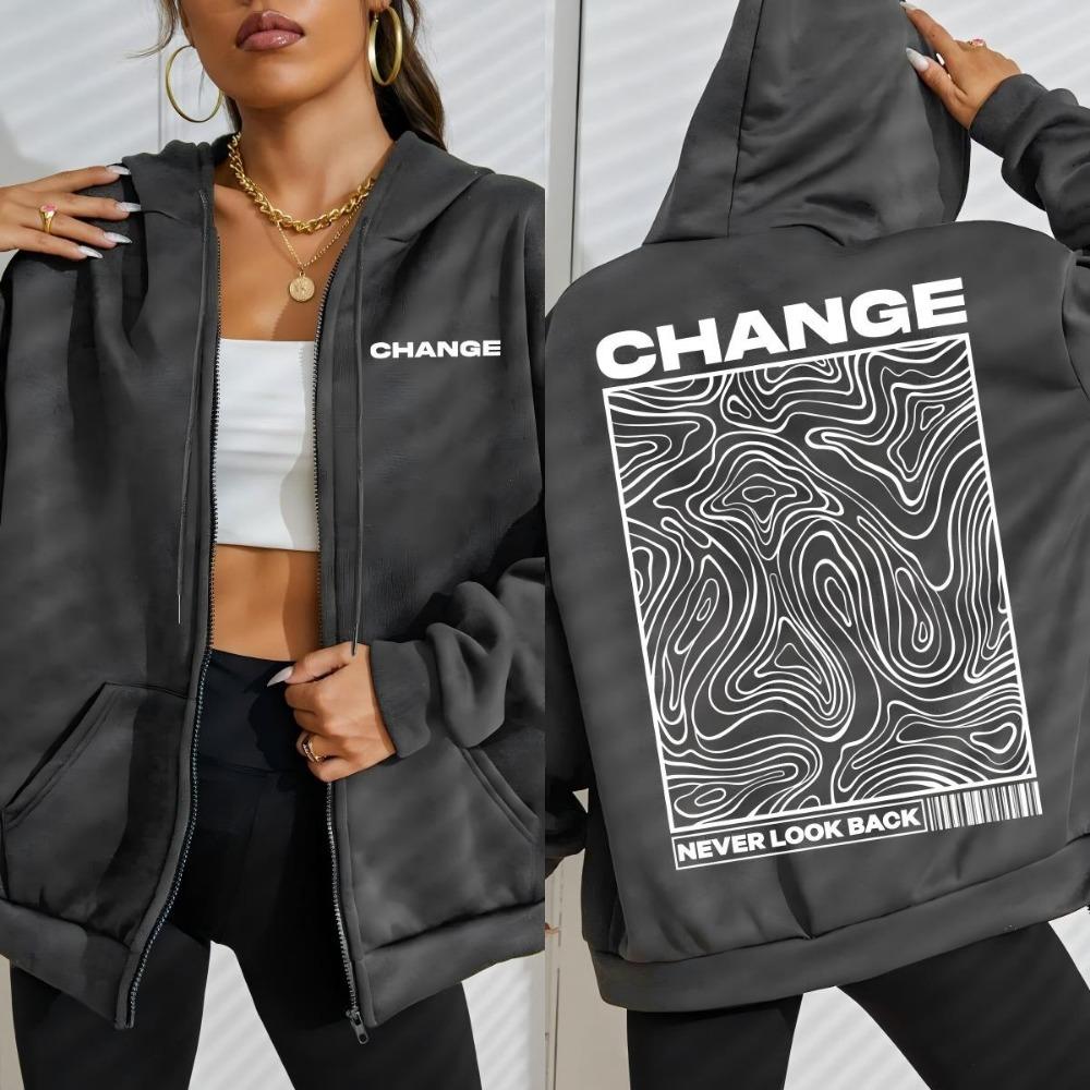 Change Never Look Back Street Graphic Print Women Zipper Hoody Autumn Hoodie Loose Casual Hoodies Fleece Woman Clothes