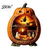 Halloween Cobweb Decorations Centerpiece Pumpkin, Wooden Pumpkin Ornament with Miniature Scenes, Rustic Detailed Scene Decor Skeleton for Farmhouse