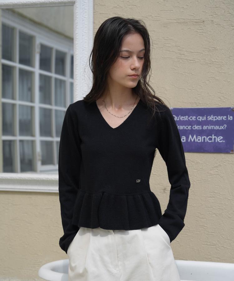 DEHEVE V-Neck Flare Shirring Knit [Black]