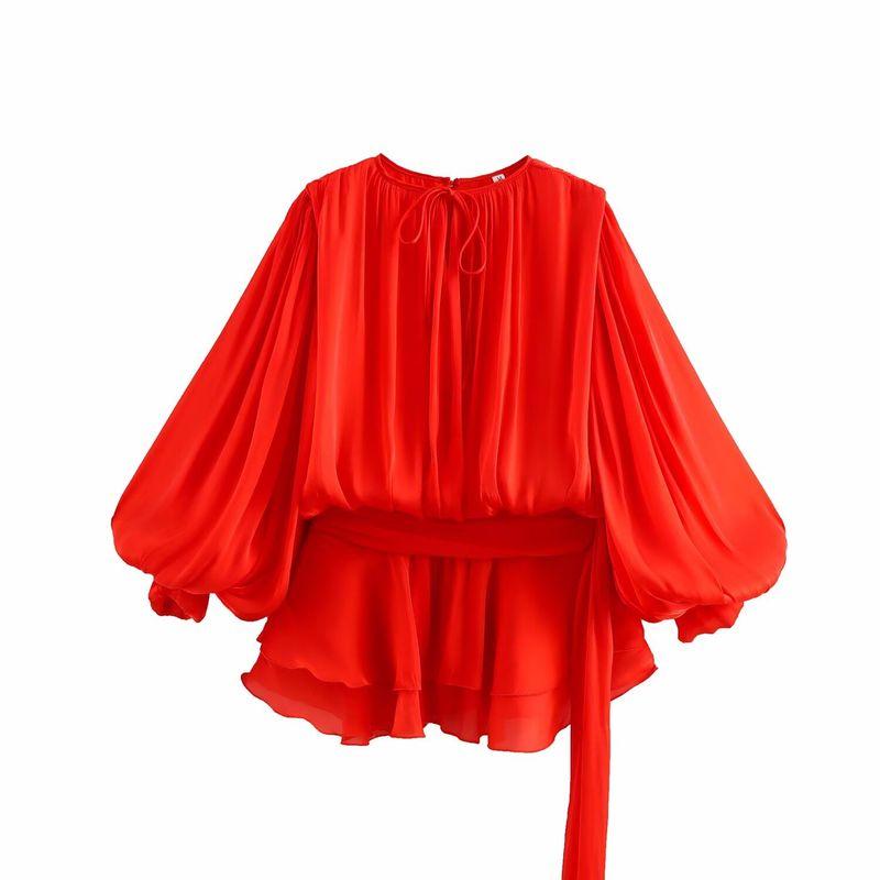

Kaslead New Women clothes Western Style Fashion Simple Three-Color Puff sleeve Frill Creased Short dress Red L
