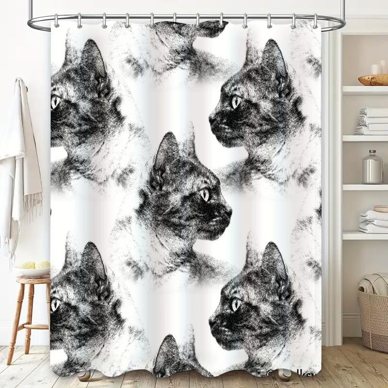 Black and White Cat Pattern Shower Curtain Decoration for Bathroom Waterproof Printing Home Decor