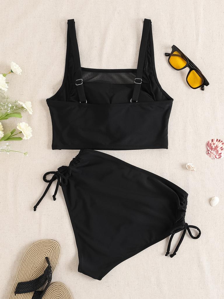 Solides Netz-Patch Hohe Taille Kordelzug Zweiteiliges Bikini-Set Bequem Elegant