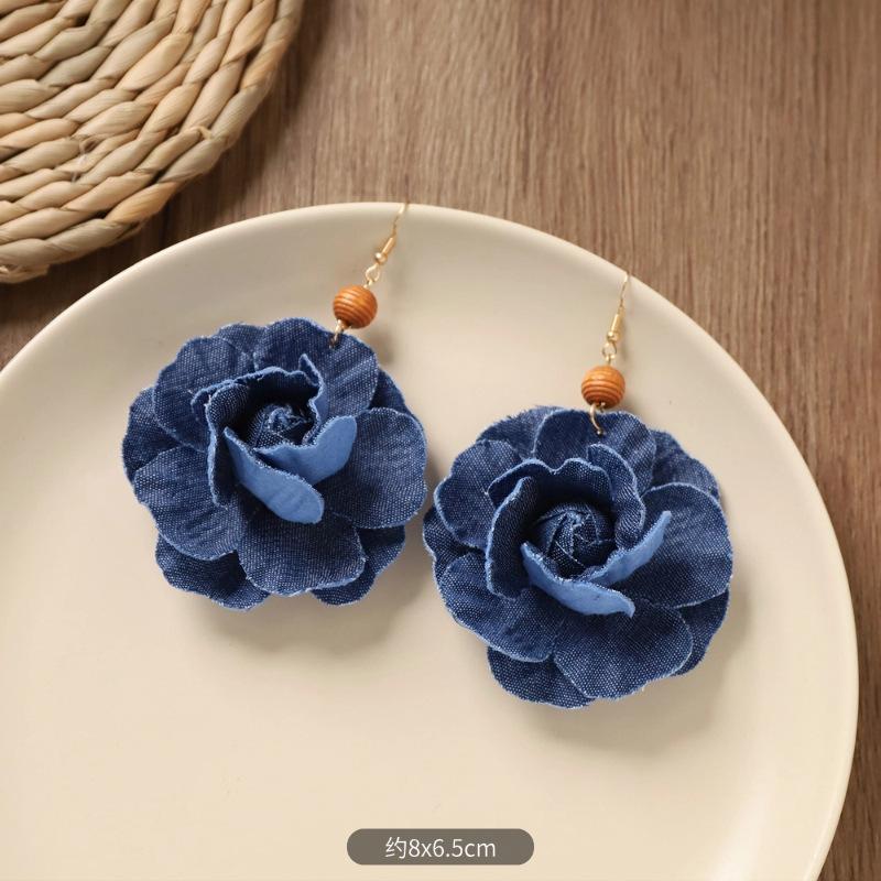 Retro denim blue flower stud earrings - camellia-shaped earrings