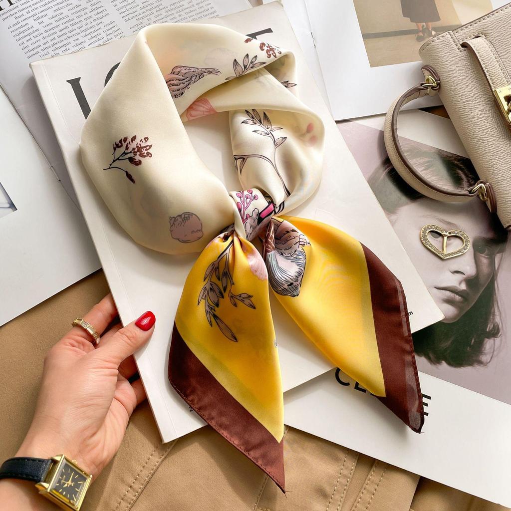 70cm Autumn Retro 3D Print Silk Scarf - Women's New Professional Square Imitation Ribbon