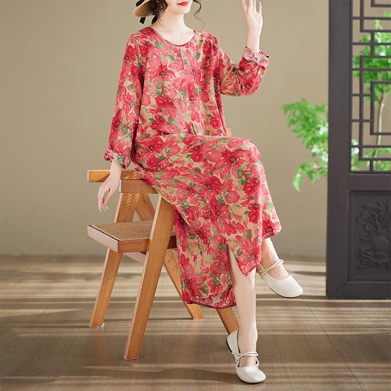 

2026 Summer Printed Long Sleeve Round Neck Plus Size Patchwork Dress L