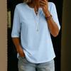 Women's Light Blue V-Neck Button Front Mid-Sleeve Casual Top