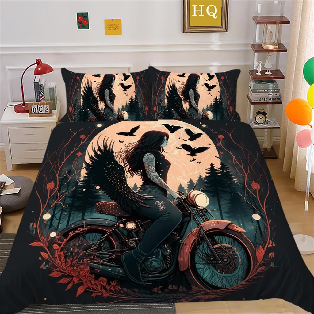 3D Beauty Skull Head Bedding Set Beauty Skull Head Motorcycle Pattern Quilt Cover Pillow Case 2/3 Pieces Microfiber Fabric Full Size Home Decoration
