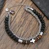 Men's Trendy Stainless Steel Bracelet with Black Agate, Tiger Eye, and Hematite Cross