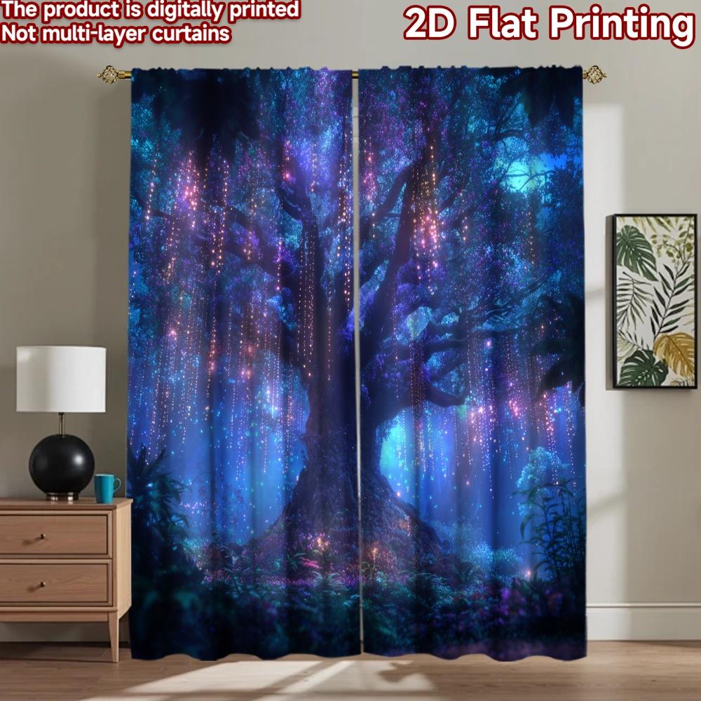 2D flat printing 2pcs Party Window Curtains Enchanted Forest Glowing Bioluminescent Tree Digital Printed Polyester Drapes Family