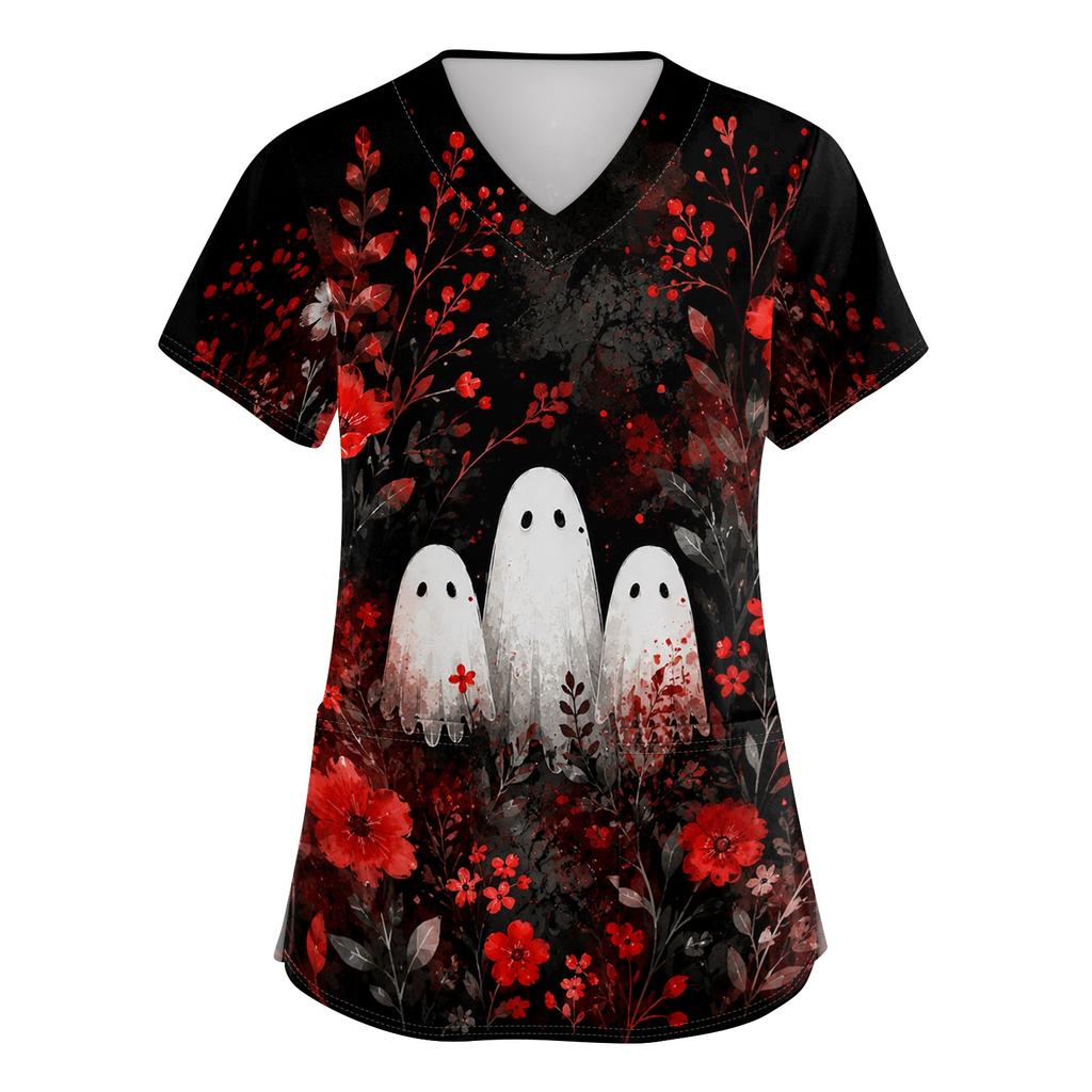 Women's V Neck Halloween Print Short Sleeve Medical Scrub Top with Pocket Side Slit Design Suitable for Healthcare Professionals