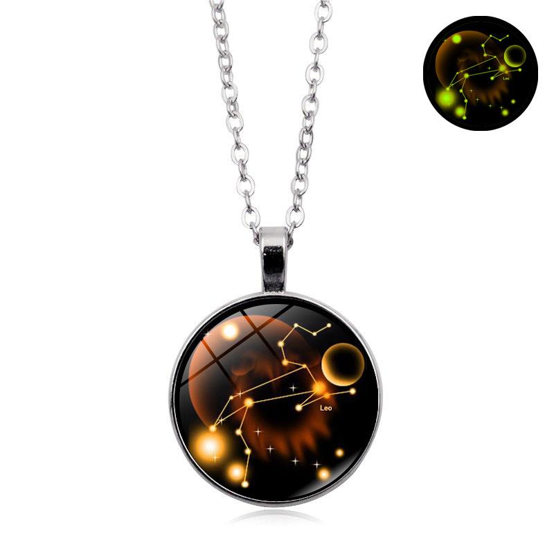 Glowing Zodiac Constellation Gemstone Pendant Necklace Vintage Versatile Sweater Chain Jewelry Accessory