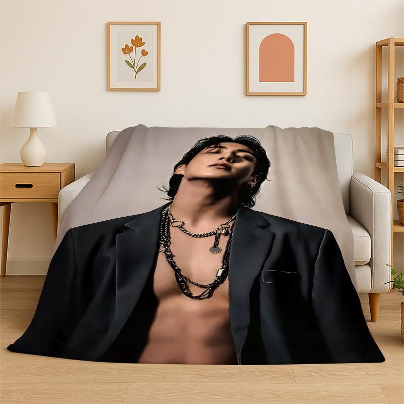 Kpop B-BTS Jeon Jung Kook JK Flannel Blanket Soft Warm Throw Blanket for Bedroom Living Room Bed Travel Camping Picnic Gift