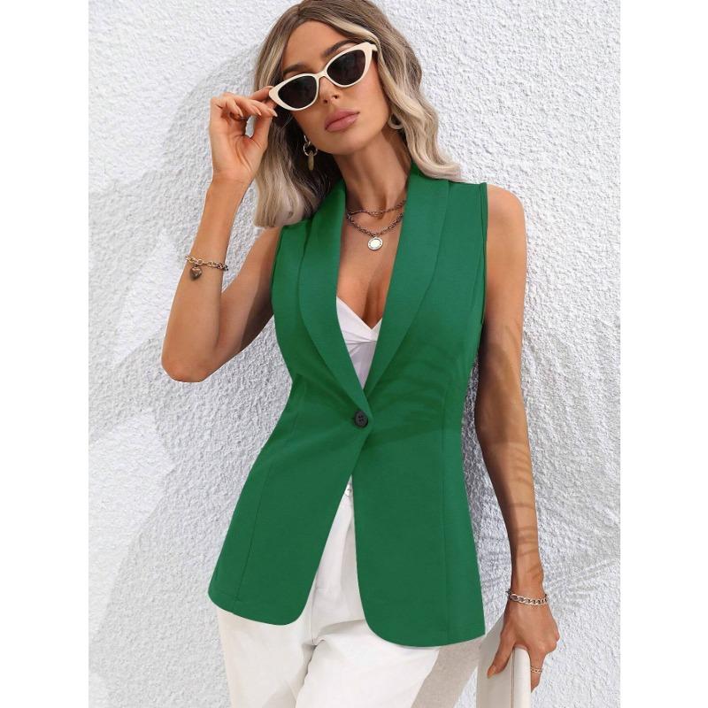 Dámská jarní a podzimní jednobarevná ležérní bunda s kulatým límečkem bez rukávů na jeden knoflík