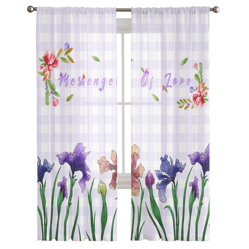 Iris Flower Plaid Sheer Curtains for Living Room Bedroom Decoration Chiffon Tulle Voile Kitchen Window Curtain