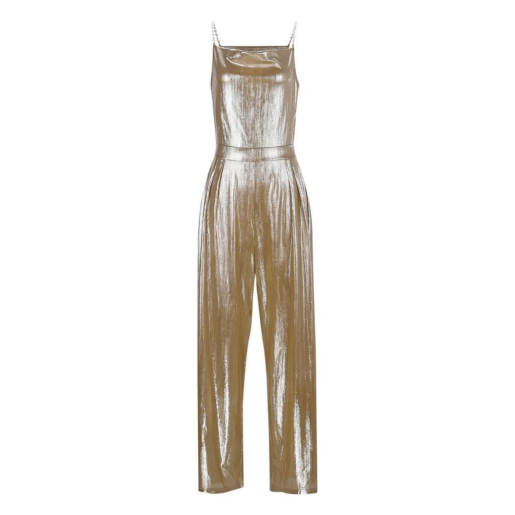 Women's FashionAble And Casual Loose  Color Wide Leg Pants Waist Cinching Elegant Suspender Bead Jumpsuit