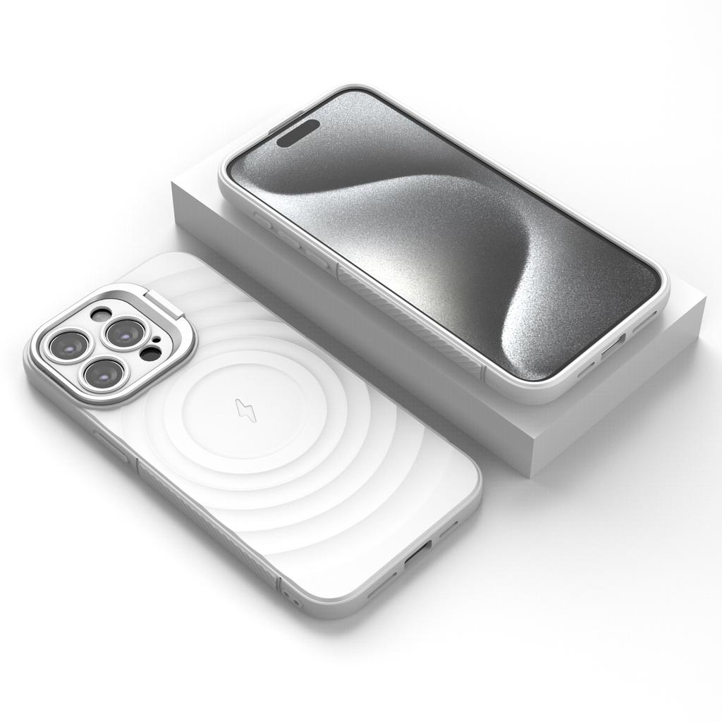 For iPhone 16 Pro Magnetic Case PC Kickstand Ripple Texture TPU Phone Cover